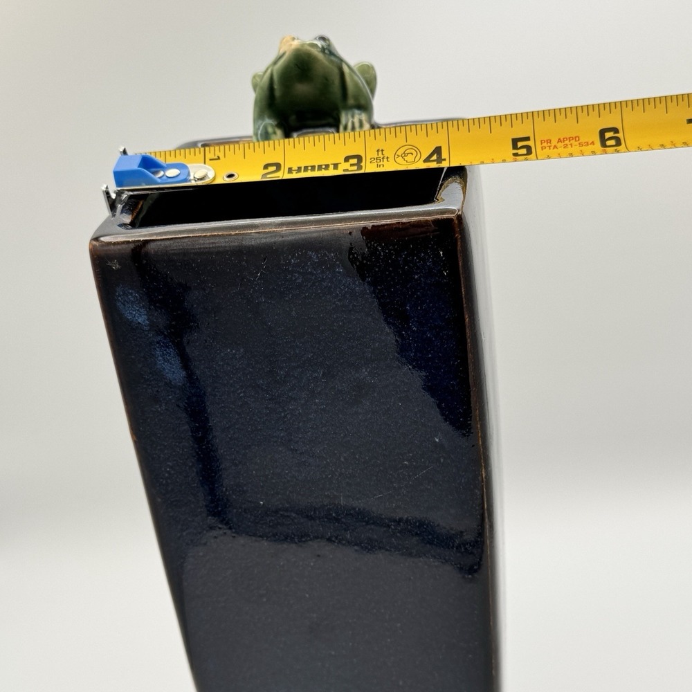 Tall Navy Blue Glazed Pottery Vase Frog Finial Modern Minimalist Decor 14" - Picture 9 of 9